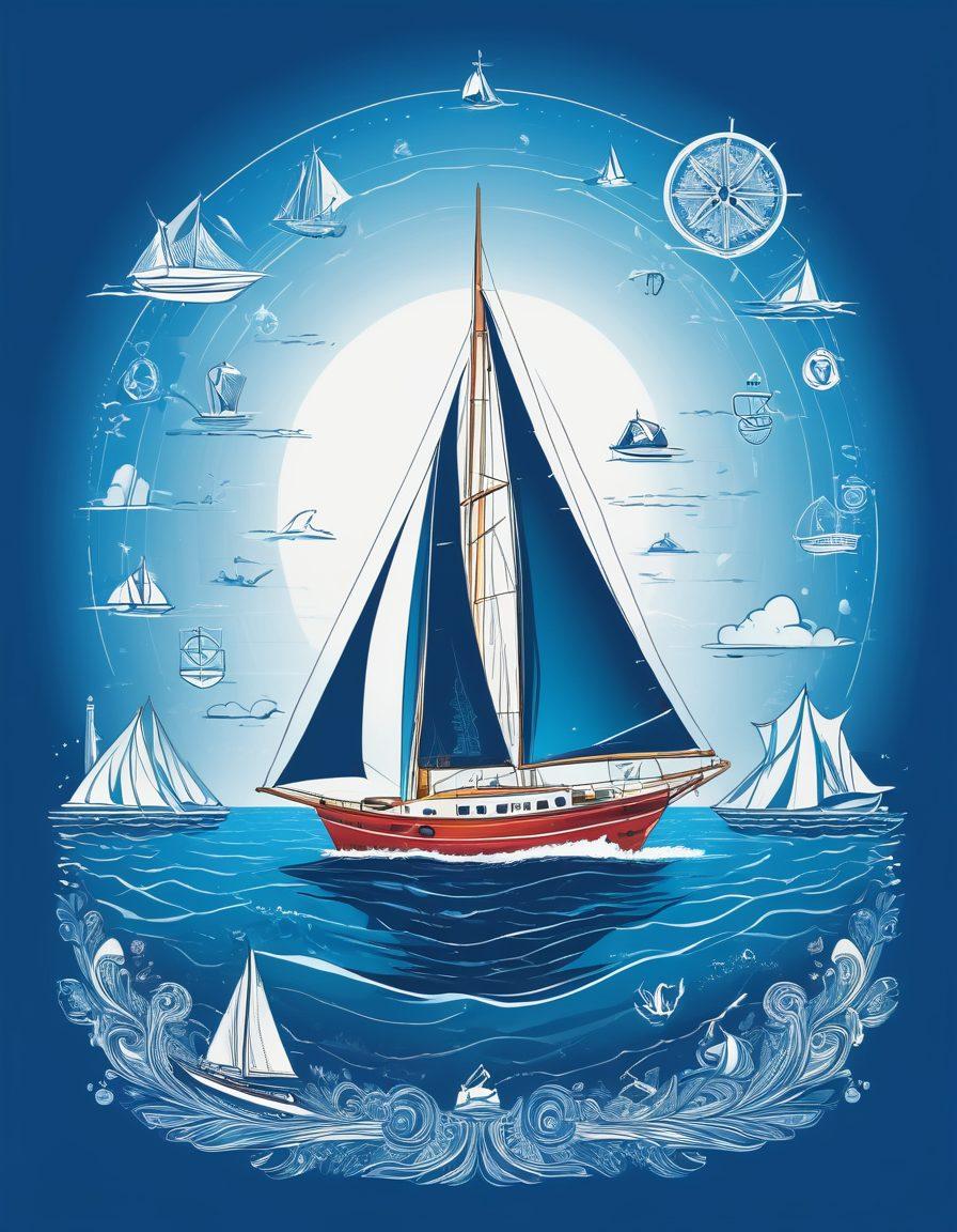An infographic-style illustration featuring a sailboat navigating on a shimmering blue sea, surrounded by various icons representing marine protection and insurance options. Include symbols of safety, like life vests and helmets, and financial elements like a shield and dollar signs, to emphasize the importance of coverage. The background should have a clear sky and gentle waves, evoking a sense of adventure and security. bright, vibrant colors. vector art.