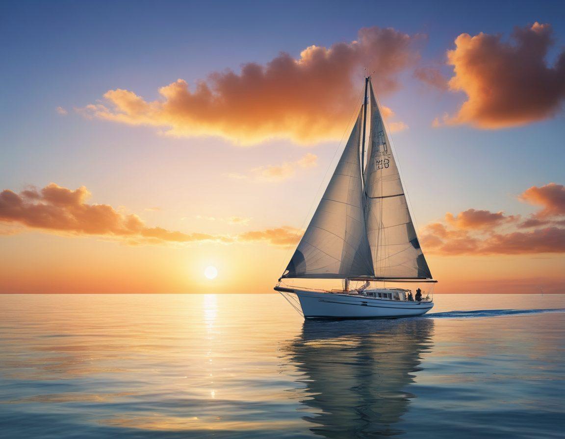 A serene maritime scene showcasing a beautiful sailboat gently gliding through calm waters under a bright blue sky. In the foreground, a confident investor examining a nautical insurance policy with a thoughtful expression. Add elements like a lighthouse, life jackets, and fishing gear to signify security and protection. Captivating sunset hues reflecting on the water surface for a warm ambiance. super-realistic. vibrant colors.