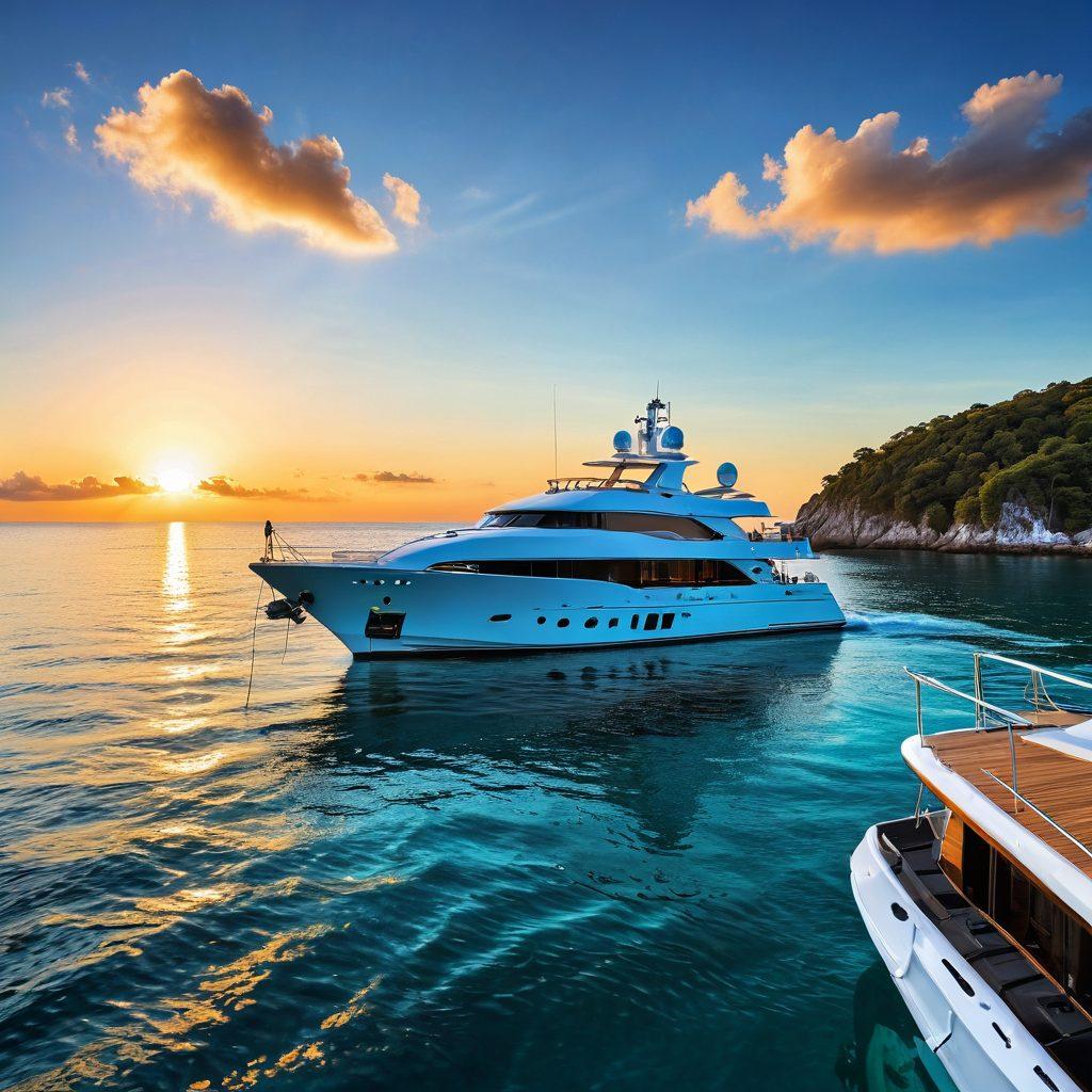 A panoramic view of a luxurious yacht and a rugged fishing vessel anchored side by side in a crystal-clear blue ocean. The scene captures the contrast between leisure and adventure, with sun glinting off the water and marine foliage in the foreground. Nautical symbols and protection gear are subtly integrated in the design, creating a sense of security. The sky is a vibrant sunset, symbolizing innovation and strategy in marine protection. artistic realism. vibrant colors. 3D effect.
